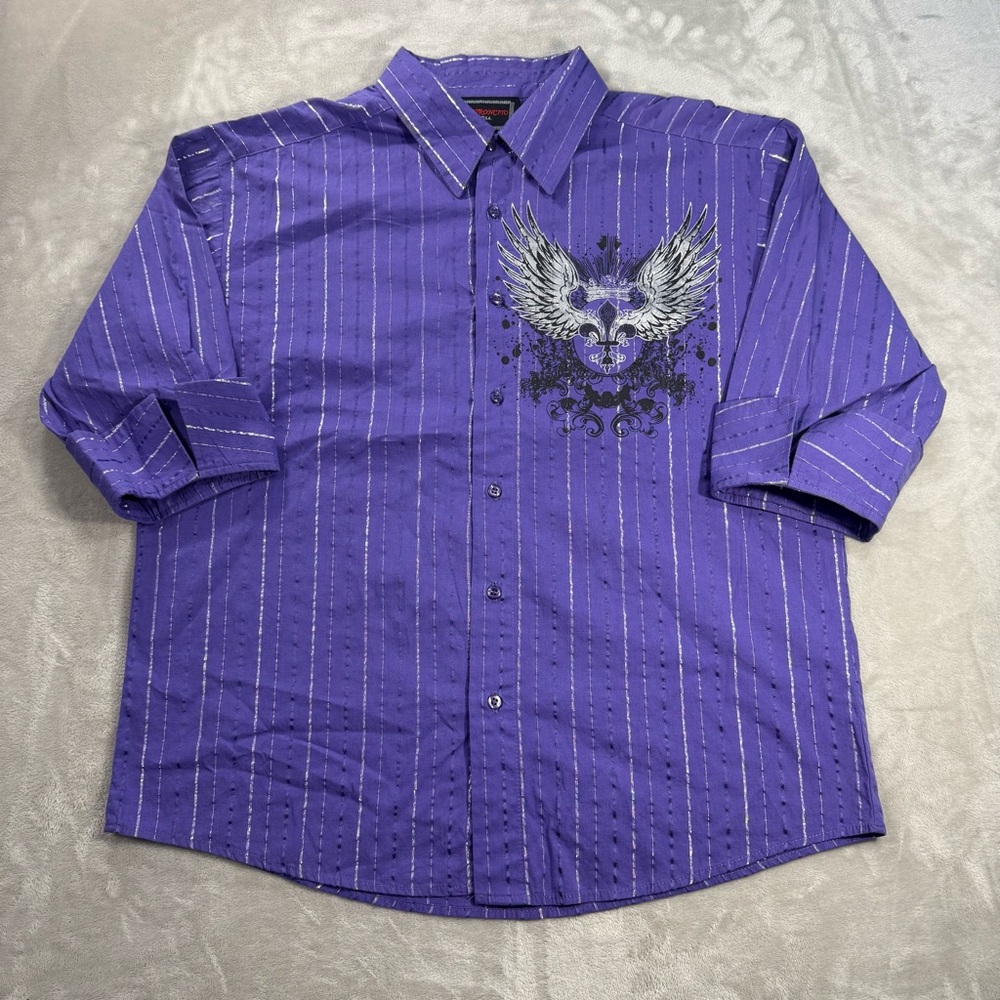 Patroncito Goth Cross Wings Button Shirt Men's Sz 2XL 3/4 Sleeves Metallic